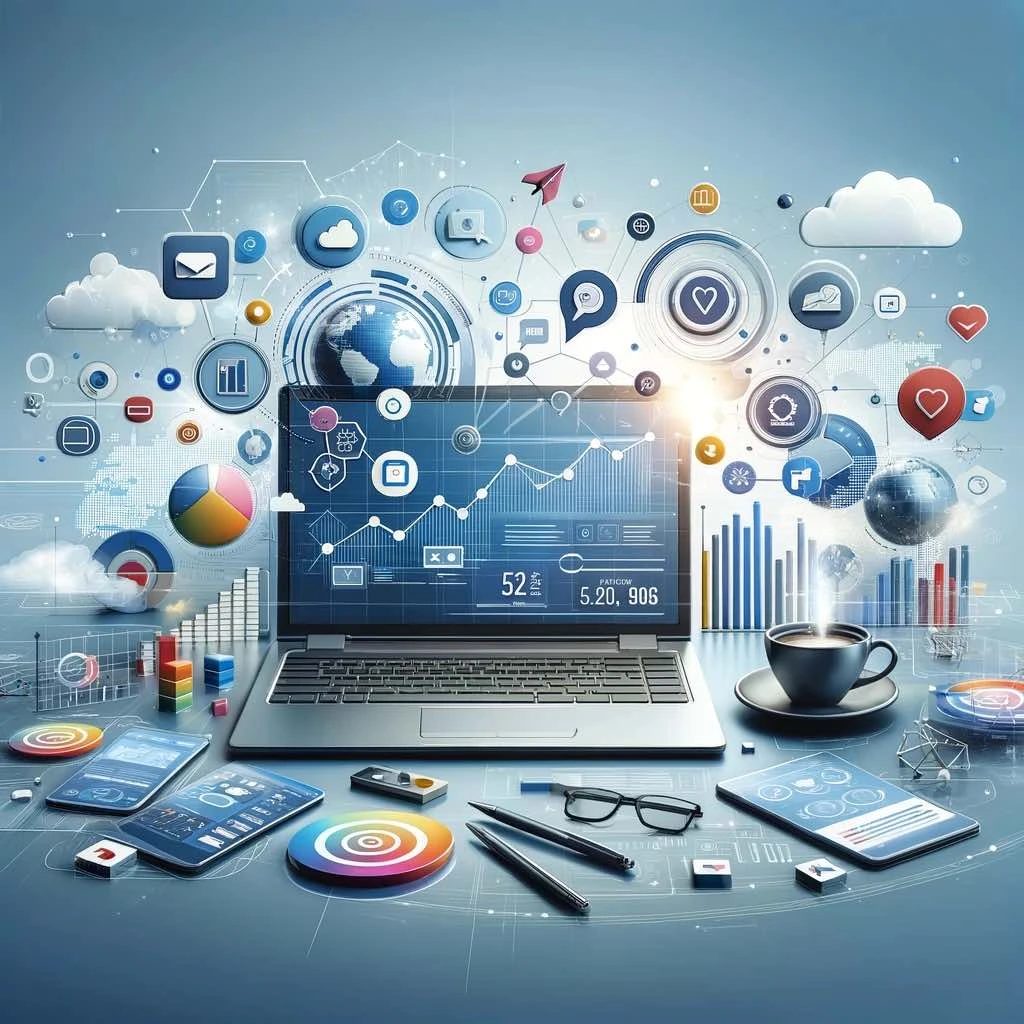 A digital marketing campaign strategy, featuring social media, SEO, and online advertising tools for business growth